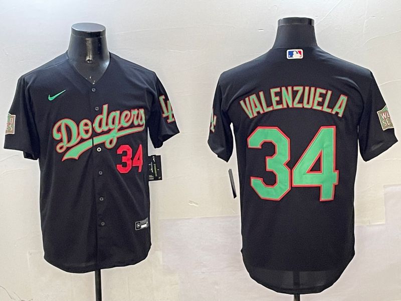 Men Los Angeles Dodgers 34 Valenzuela Black green Fashion 2025 Nike MLB Jersey style 1